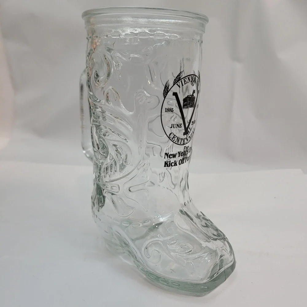 Vienna SD Centennial Cowboy Boot Glass Mug Souvenir 1885-1985 Clear Barware